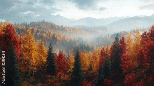 Autumnal Mountain Majesty: A Misty Forest in Vivid Hues