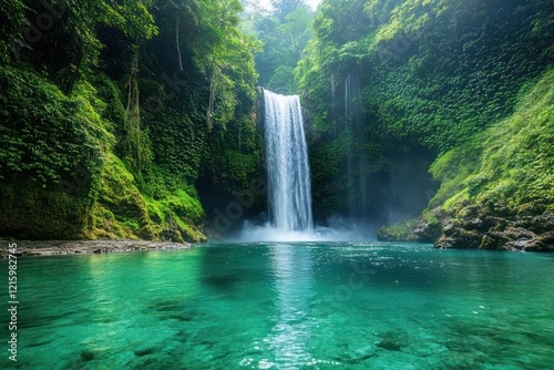 A majestic waterfall in a tropical paradise, where the water cascades down lush green cliffs into a crystal-clear pool below, surrounded by vibrant vegetation.