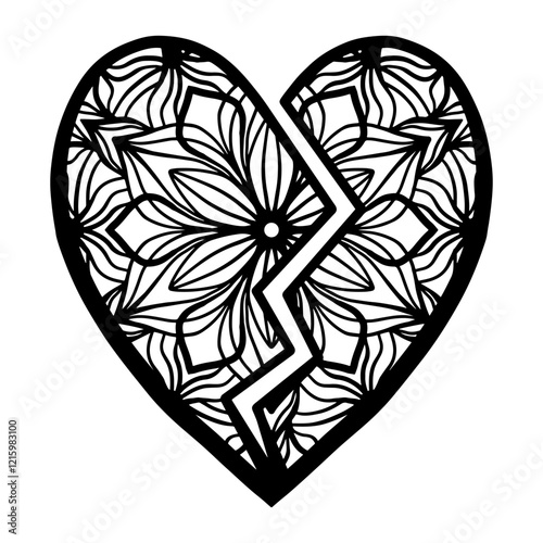 Hand drawn broken heart mandala with leaf pattern ornament