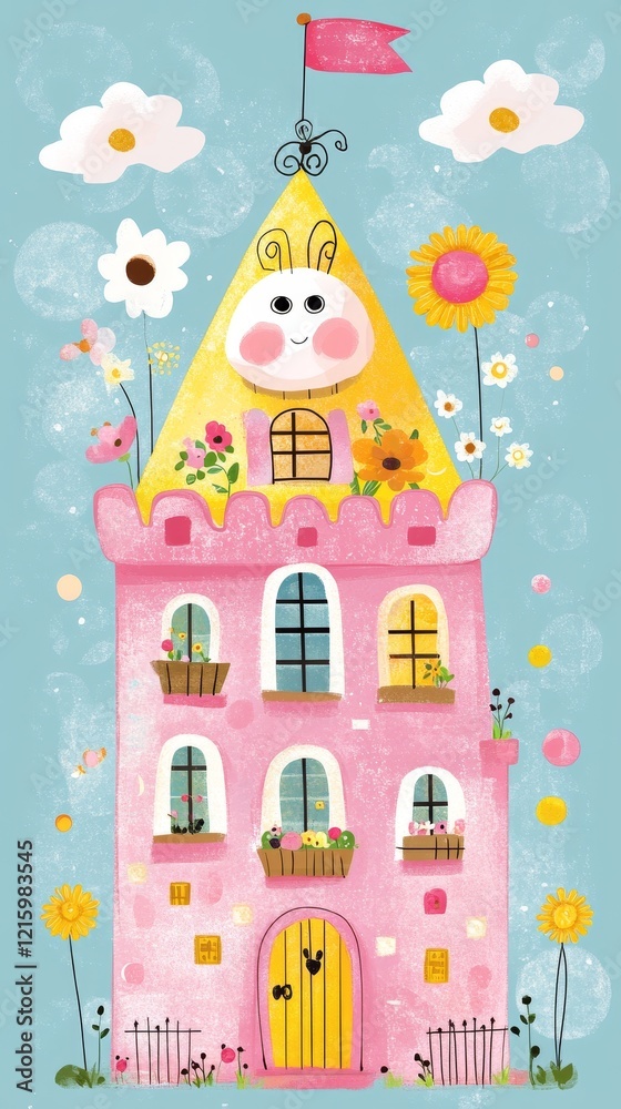 Whimsical Pink Castle with a Happy Animal on Top, Surrounded by Flowers and Sky Whimsical Pink Castle with a Happy Animal on Top, Surrounded by Flowers and Sky
