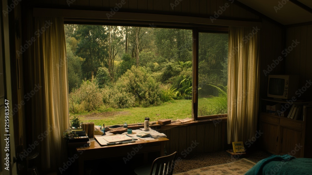 Fototapeta premium Tranquil Forest View from Cozy Cabin Workspace