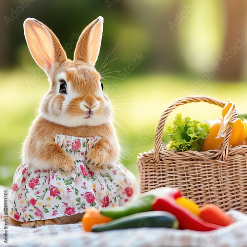 petfluencer idol Cute rabbit with vegetables in a picnic setting. photo