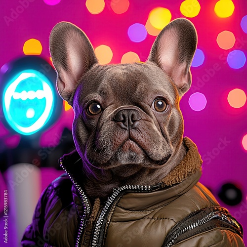 petfluencer idol Charming French Bulldog in festive bokeh lights. photo