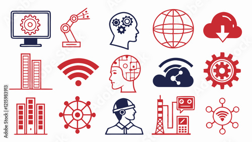 Flat icons featuring digital transformation, AI, robots, and neural networks