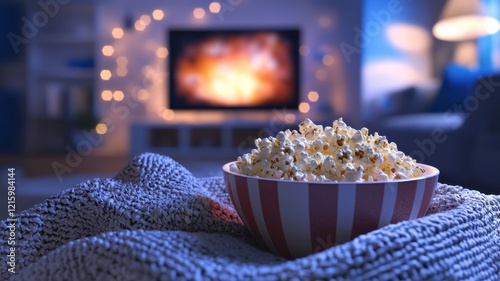 popcorn Concept. A cozy setting with a bowl of popcorn in front of a glowing TV, perfect for movie nights and relaxation.