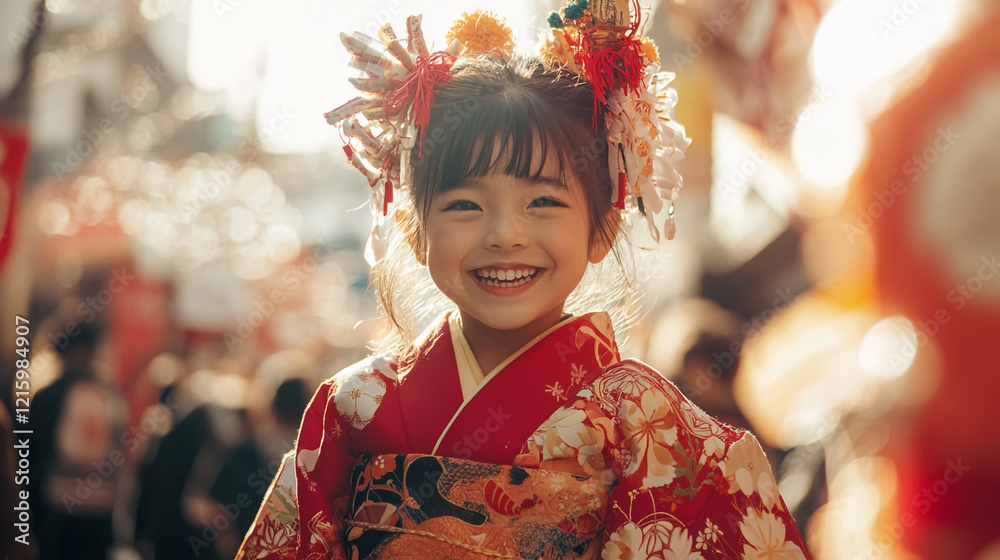 Smiling girl in traditional attire celebrates Setsubun festival in vibrant street atmosphere Smiling girl in traditional attire celebrates Setsubun festival in vibrant street atmosphere