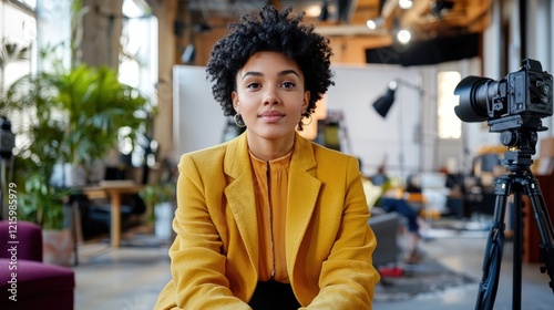 Wallpaper Mural Confident Young Female Vlogger in Yellow Blazer, Filming a Video in a Modern Studio Setting Torontodigital.ca