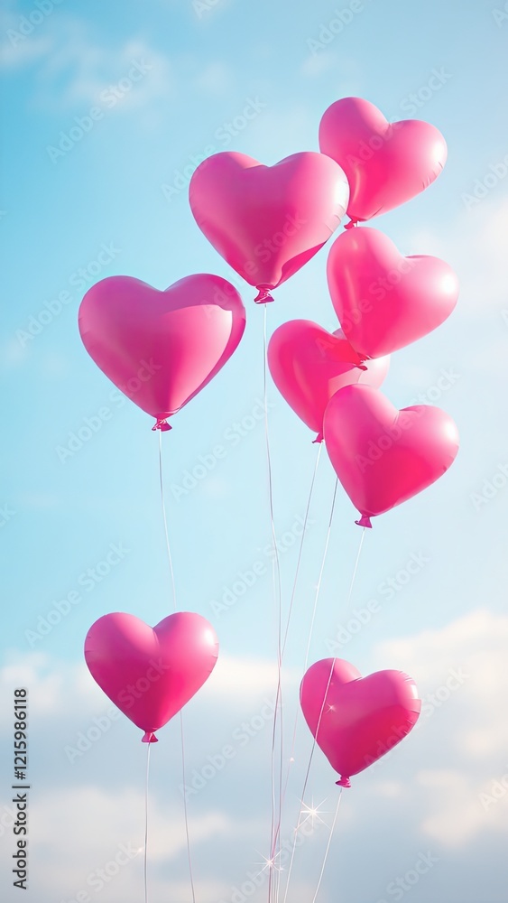 pink heart shaped balloons floating in the sky.  Generative AI