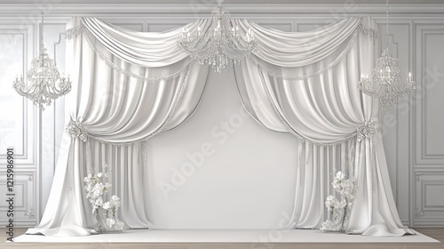Elegant Wedding backdrop with luxurious white drapes and crystal chandeliers setup