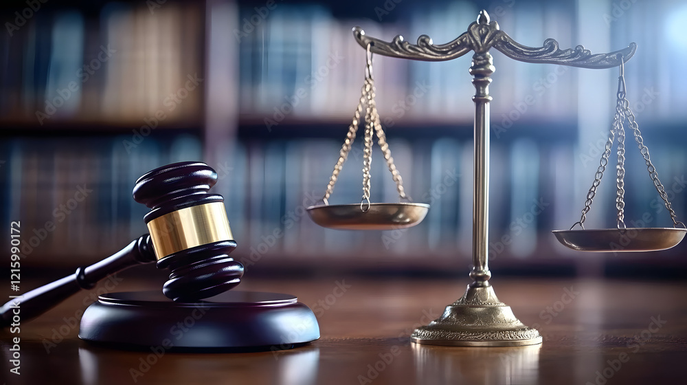 Close-up of a gavel, scales of justice, and law books on a wooden desk, symbolizing legal authority, justice, and the rule of law in a courtroom or legal office.
Close-up of a gavel, scales of justice, and law books on a wooden desk, symbolizing legal authority, justice, and the rule of law in a courtroom or legal office.
