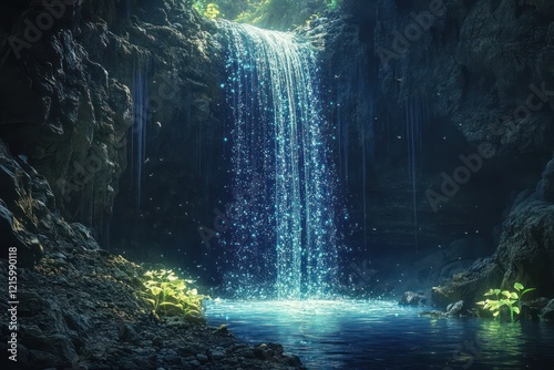 A mystical cave with a glowing waterfall and luminescent plants, where secrets are hidden deep within the earth