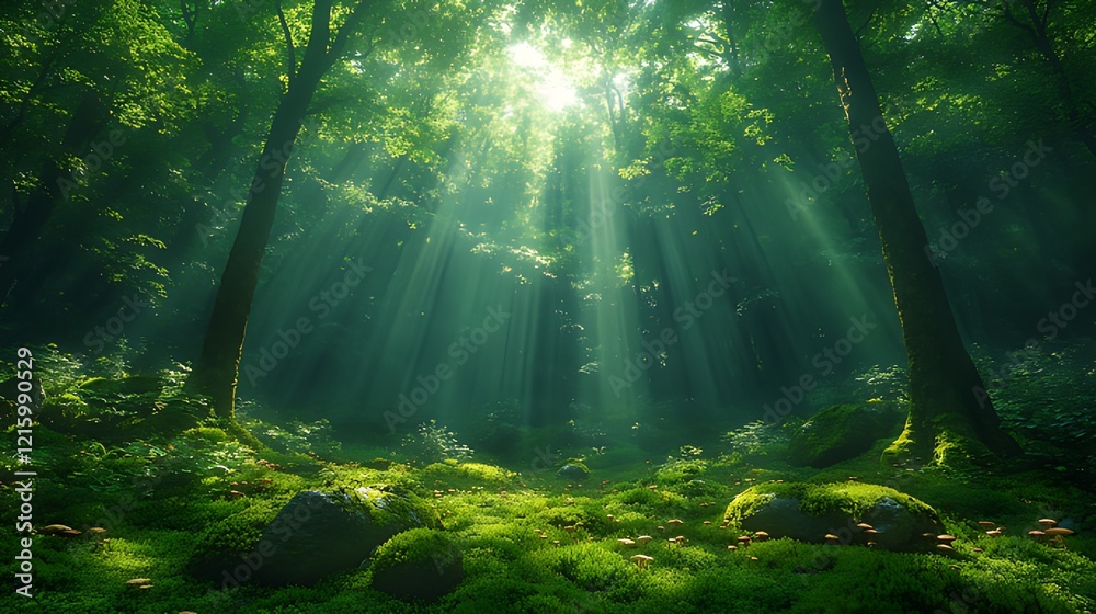 Fototapeta premium Sunbeams illuminate mossy forest floor, peaceful nature scene, ideal for fantasy backgrounds