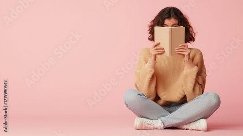 a woman sitting on the floor holding a blank book in front of her face