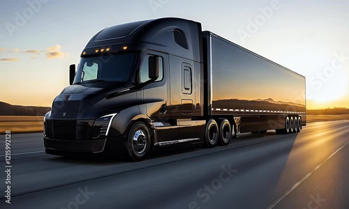 A sleek black truck with a reflective trailer on a highway during sunset.