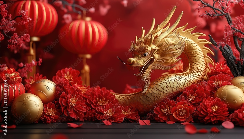 Fototapeta premium Lunar New Year Golden Dragon with Red Lanterns and Flowers Decor