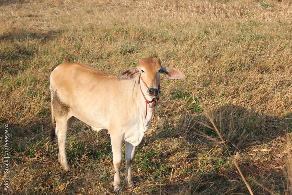 Fototapeta premium The cow (Bos taurus) is a domesticated, hoofed mammal widely known for its role in agriculture and human sustenance. As a member of the Bovidae family, cows are ruminants, meaning they have a special