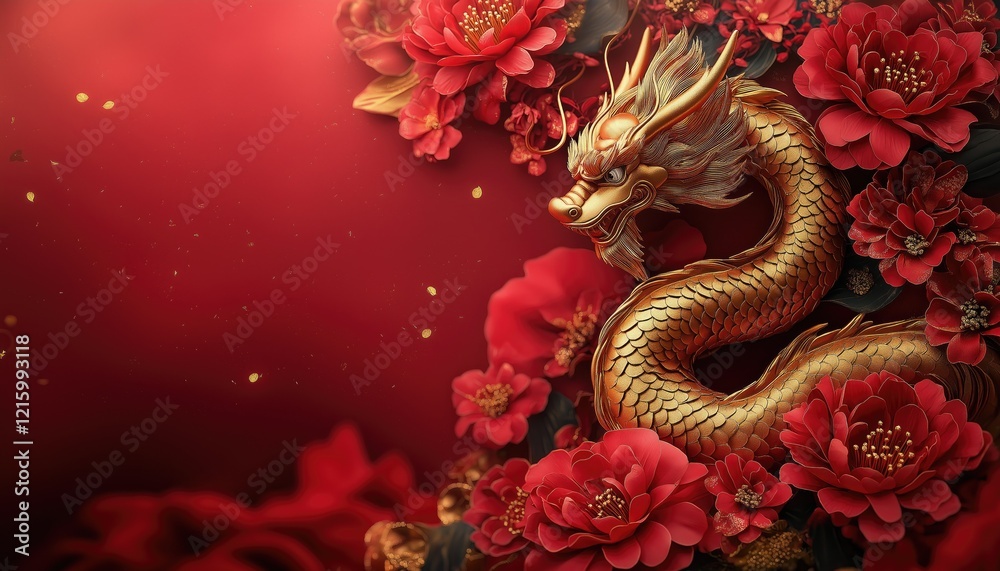 Lunar New Year Golden Dragon Amidst Red Flowers on Red Background Lunar New Year Golden Dragon Amidst Red Flowers on Red Background