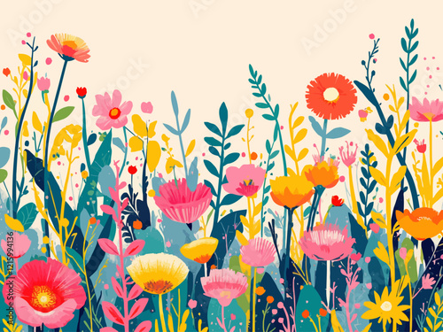 A vibrant and colorful collection of spring flowers and plants arranged with ample spacing between each element for clean detouring