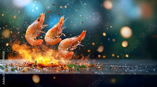 Flaming hot and spicy shrimp dancing in midair gourmet kitchen food photography vibrant environment close-up viewpoint culinary art photo