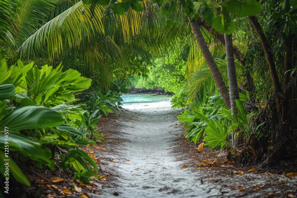 A path through a dense jungle leading to a hidden beach, the trail surrounded by towering trees and vibrant tropical plants A path through a dense jungle leading to a hidden beach, the trail surrounded by towering trees and vibrant tropical plants