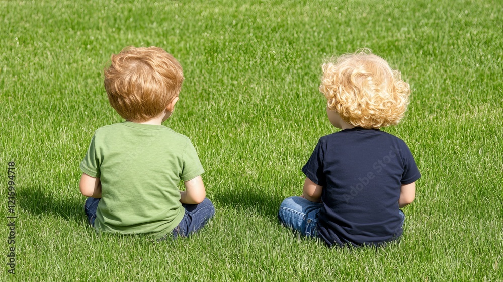 Fototapeta premium Two Young Boys Sitting on Grass, Back View