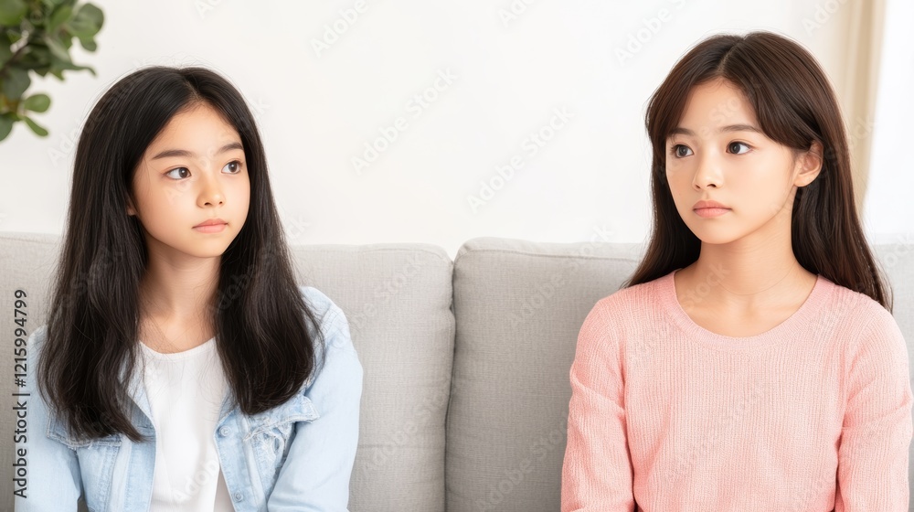 Two Young Girls Sitting on a Sofa, Seemingly Annoyed Two Young Girls Sitting on a Sofa, Seemingly Annoyed