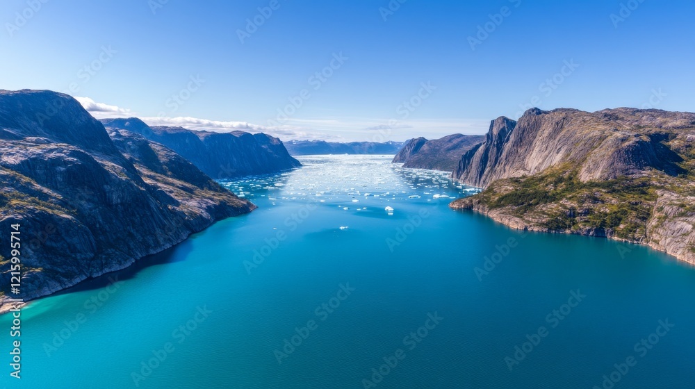 Obraz premium Aerial view of a fjord in Greenland, showcasing icebergs floating in turquoise waters between towering mountains under a clear sky, ideal for travel brochures