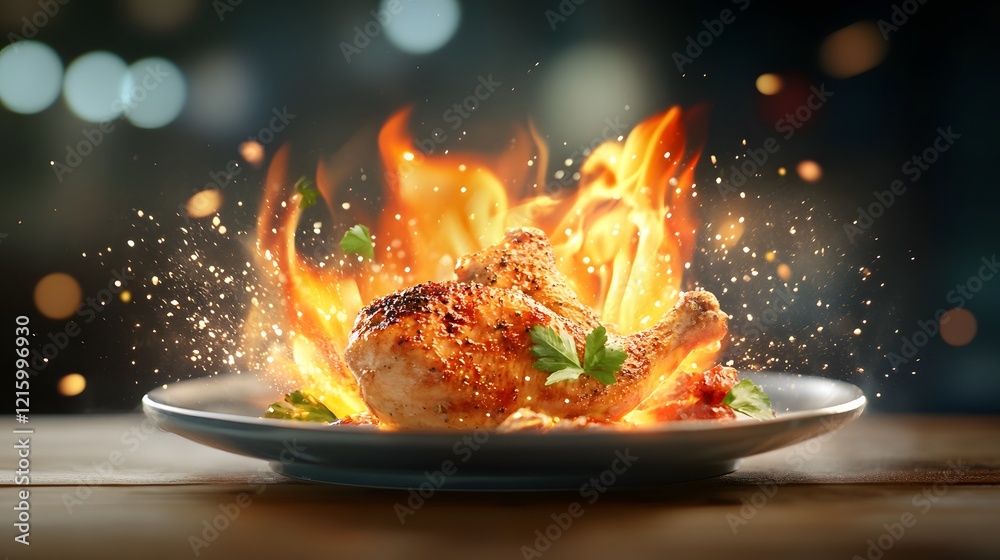 Fototapeta premium Fiery grilled chicken delight gourmet kitchen food photography evening setting close-up shot culinary art