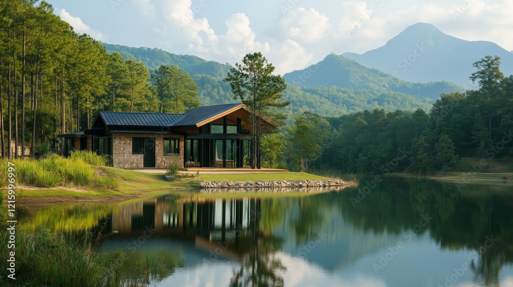 Fototapeta premium A house sits on a lake with mountains in the background. The house is surrounded by trees and has a large pond in front of it. The scene is peaceful and serene