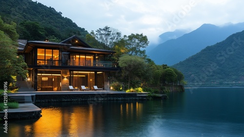 A large house sits on a lake with mountains in the background. The house is surrounded by trees and has a large pool. The water is calm and the sky is cloudy