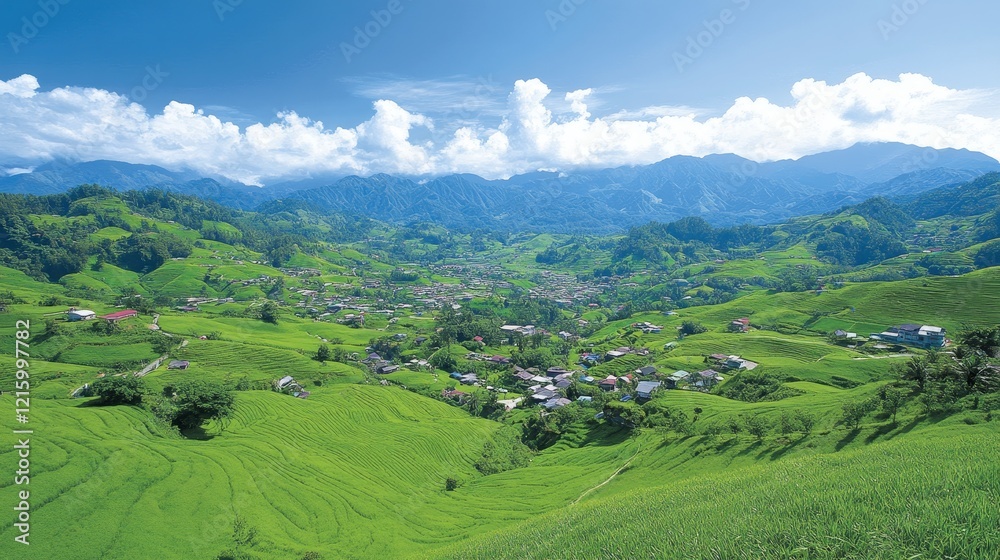 Fototapeta premium Verdant Rice Terraces and Mountain Village Panorama