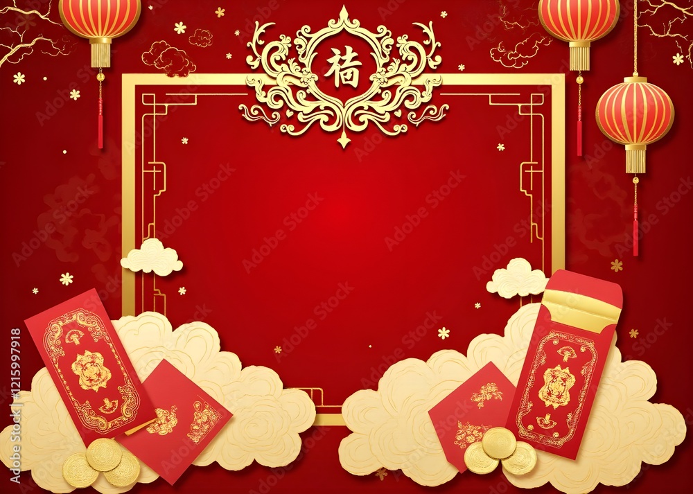 Fototapeta premium A festive Chinese New Year background featuring angpao (red envelopes) and gold coins arranged elegantly. The design incorporates a color palette of red, gold, and white. 