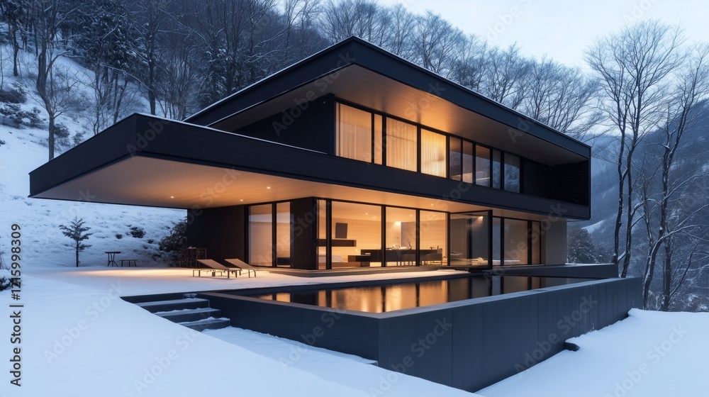 A large black house with a pool and a patio. The house is surrounded by trees and snow A large black house with a pool and a patio. The house is surrounded by trees and snow