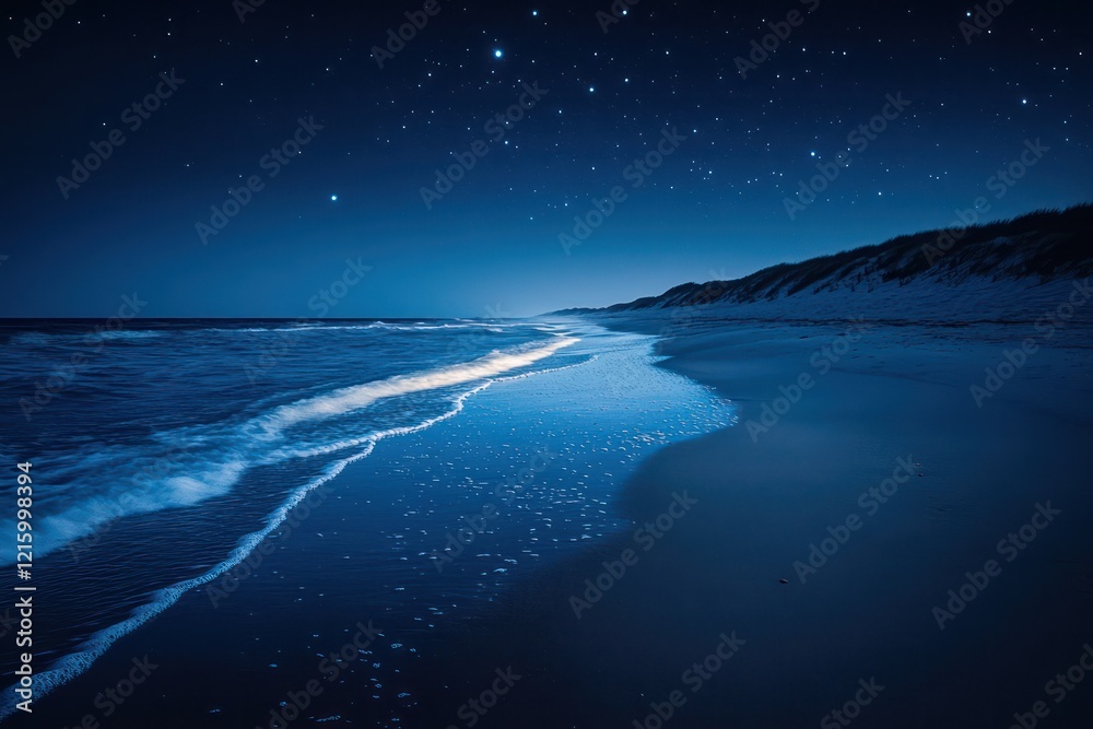 Fototapeta premium A quiet beach with gentle waves lapping at the shore under a starry sky, where tranquility and beauty meet