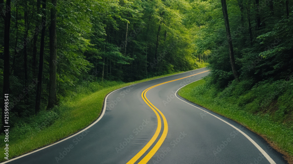Fototapeta premium Winding Road Amidst a Dense Green Forest Capturing Nature's Serenity and Journey Aesthetics