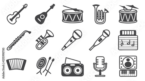 Flat Icons Silhouettes of Musical Instruments - Guitars, Violins, Piano, Stages in Simple Style