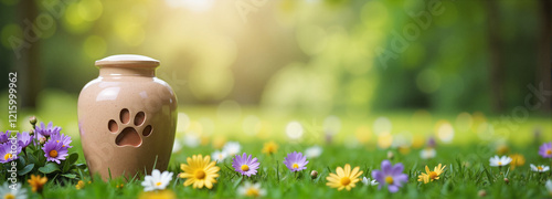 Pet funeral urn surrounded by colorful flowers in a serene garden
