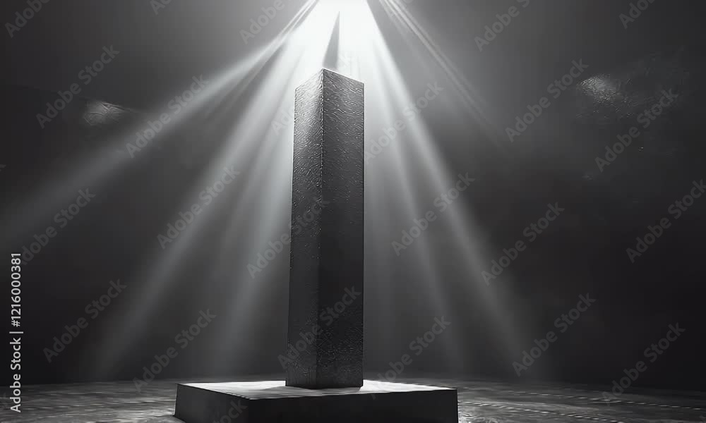 A solitary monolith illuminated by beams of light in a dark, atmospheric space.