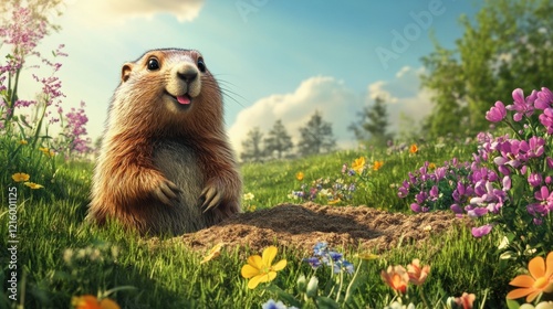 a happy groundhog sitting near its burrow surrounded by blooming flowers and green grass. The warm sunlight and blue sky provide a natural space for adding Groundhog Day messages