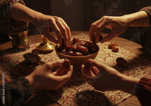 People sharing a bowl of dates by hand around a rustic wooden table, symbolizing togetherness, tradition, and generosity. Concept of family, hospitality, and cultural bonding. photo