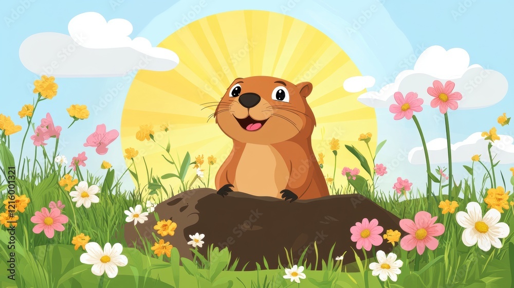 a happy groundhog sitting near its burrow surrounded by blooming flowers and green grass. The warm sunlight and blue sky provide a natural space for adding Groundhog Day messages a happy groundhog sitting near its burrow surrounded by blooming flowers and green grass. The warm sunlight and blue sky provide a natural space for adding Groundhog Day messages