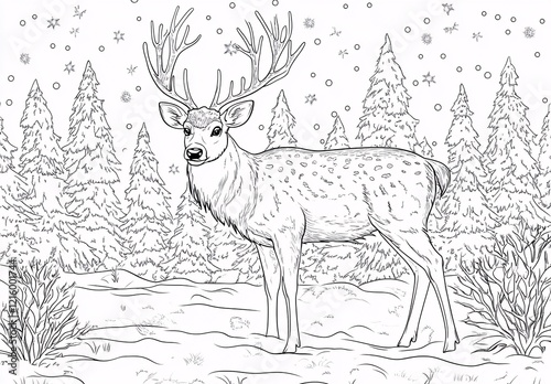 Deer in Snow-Covered Forest Coloring Page with Thick Lines