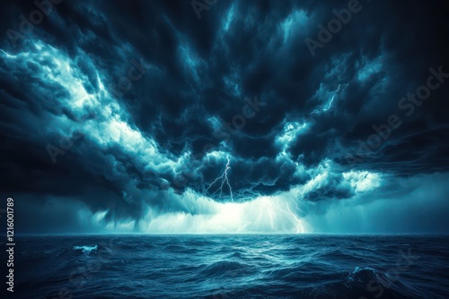 A rolling thunderstorm over an open sea, where dark clouds gather and lightning flashes across the sky, creating a powerful and dramatic marine scene.