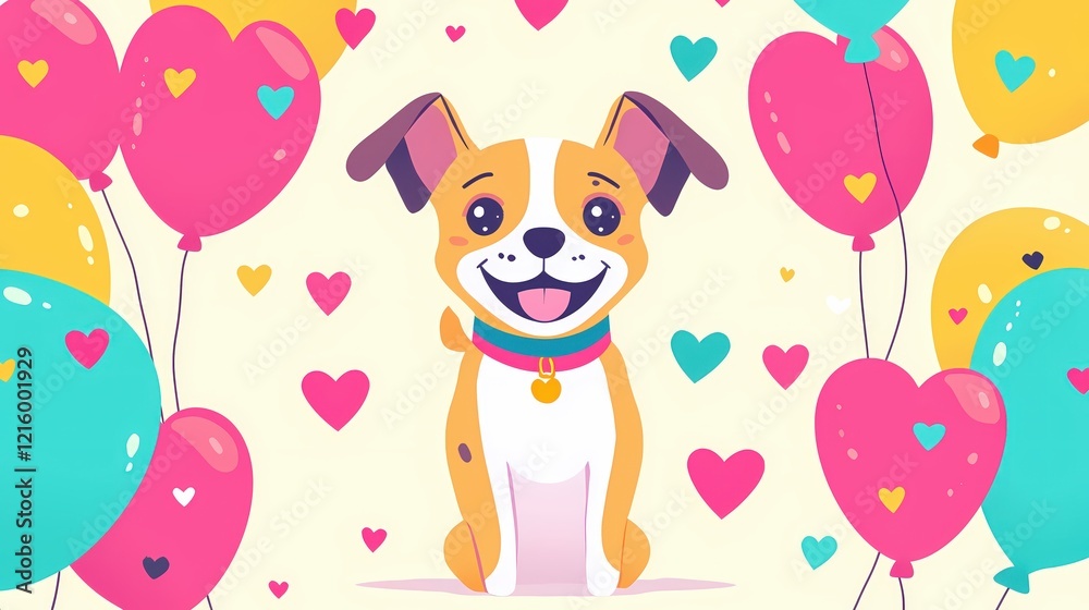 Fototapeta premium Cartoon dog with balloons heart shapes and bright colors on a light yellow background