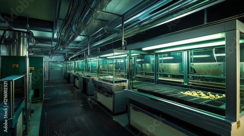 A high-tech poultry farm with automated feeders and climate control systems