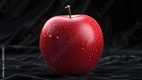 Vibrant Red Apple with Dew Droplets on Black Background in Photorealistic Detail photo