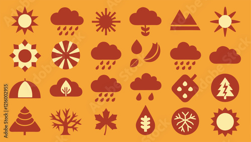 Flat Icons Silhouettes of Seasonal Weather Elements like Snowflakes, Tornadoes, and Leaves