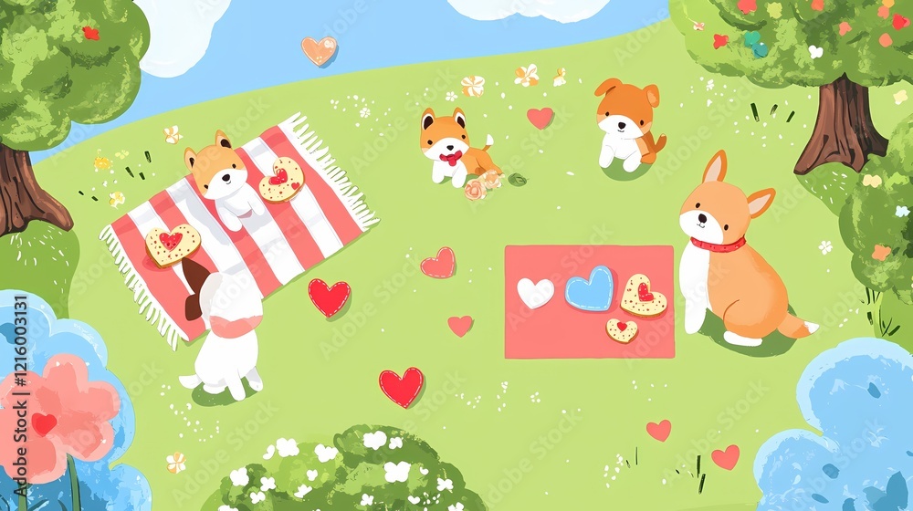 Naklejka premium Cute puppies having a picnic on a green field with heart shaped cookies and a red and white blanket
