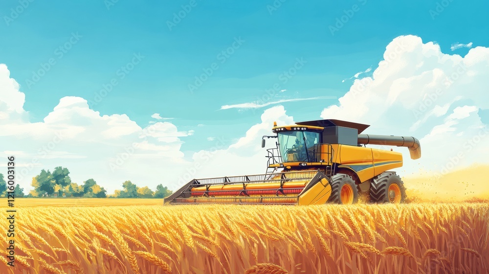 Obraz premium A modern combine harvester working in a golden cornfield under the blue sky
