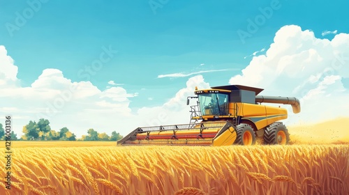 A modern combine harvester working in a golden cornfield under the blue sky